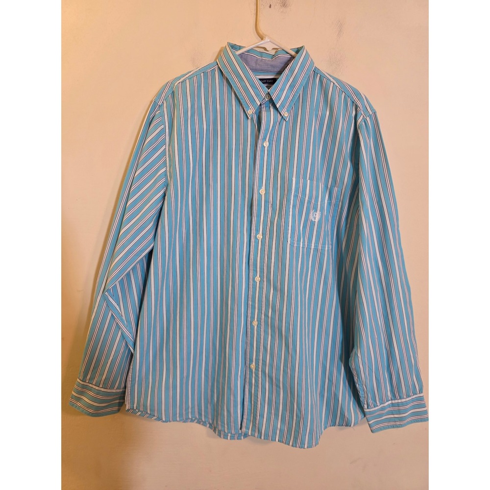 Chaps Mens Easy Care Striped Button Down Shirt Blue White Large C39713